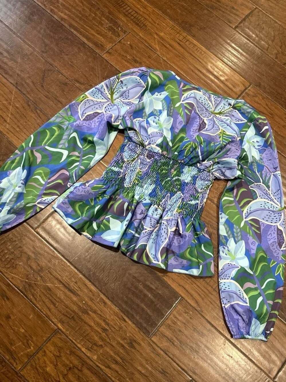 SHEIN Tropical Floral Leopard Skin Print Smocked‎ Waist Tie Back Peplum Top